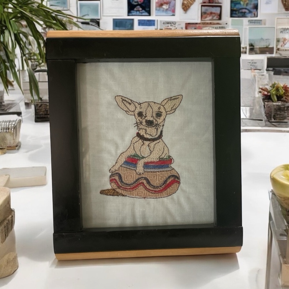 HANDMADE EMBROIDERED CHIHUAHUA SITTING A IN CLAY POT AND FRAMED!